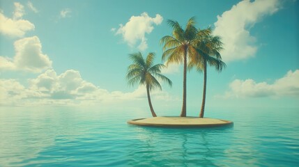 Fototapeta premium Serene Tropical Island with Palm Trees Surrounded by Tranquil Turquoise Ocean Under a Clear Blue Sky