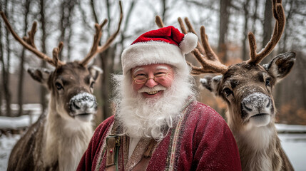 Santa Claus joyfully poses with two reindeer in a snowy forest during the holiday season