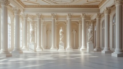 Obraz premium Product presentation background featuring antique columns and statues on a white surface.