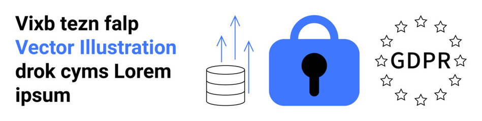 GDPR compliance theme with a blue lock icon, an ascending arrows database, and GDPR stars. Ideal for data protection, privacy regulations, cybersecurity, legal compliance, secure storage, security