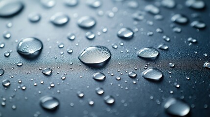 Raindrops falling on a gray background create realistic bubbles on a wet surface.