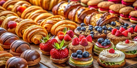 Fototapeta premium A Tempting Array of Freshly Baked Delights, Featuring a Variety of Fruit Toppings and Delicate Pastry Shells, All Presented on a Rustic Wooden Surface