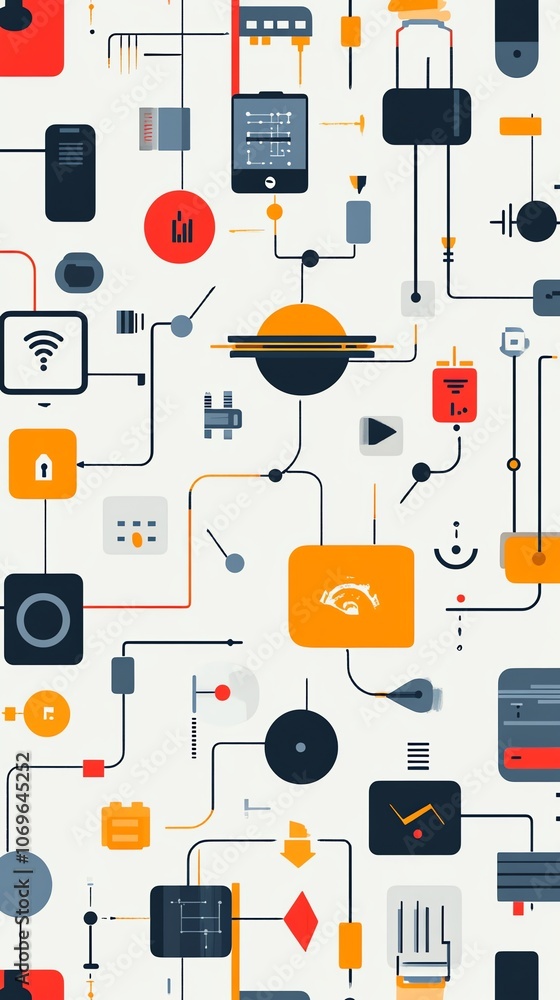 Poster Abstract illustration of a network with various icons representing technology and connectivity.