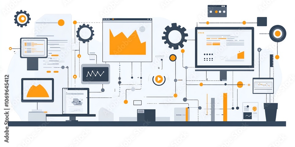 Poster Abstract illustration of data analysis with connected screens, charts, and graphs on a white background.