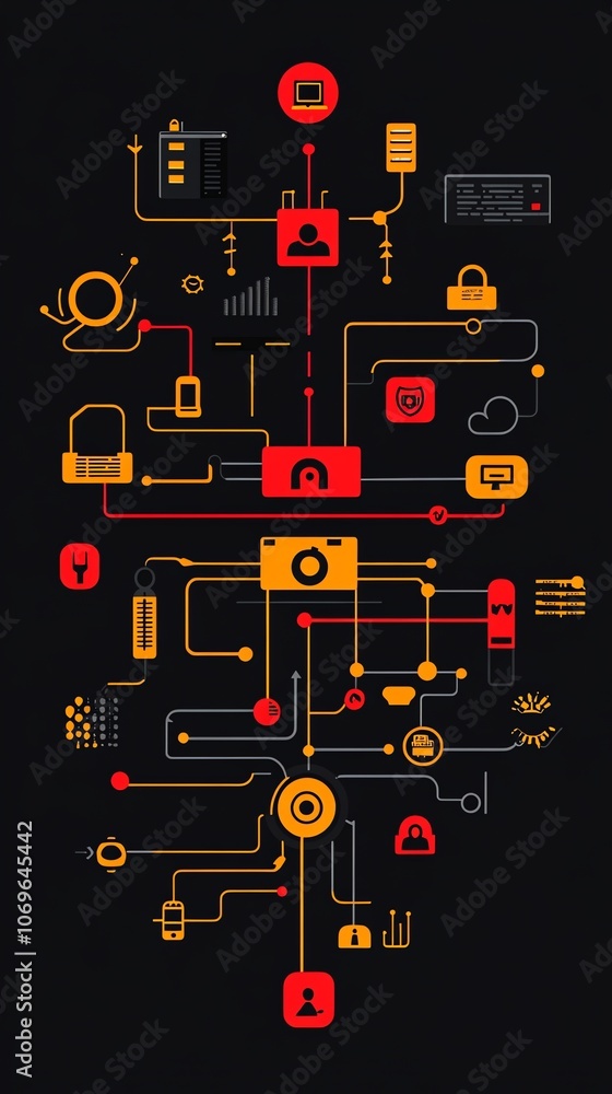 Leinwandbilder abstract illustration of a complex network with icons and lines connecting them.