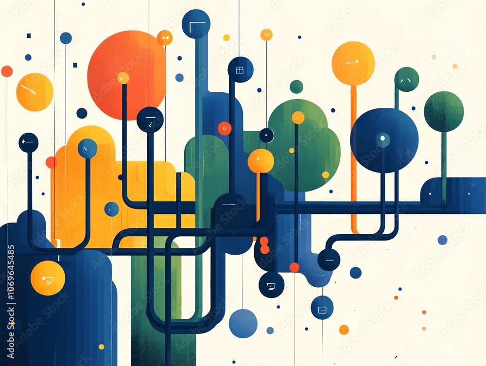 Poster Abstract illustration with interconnected shapes and lines in a vibrant color palette.