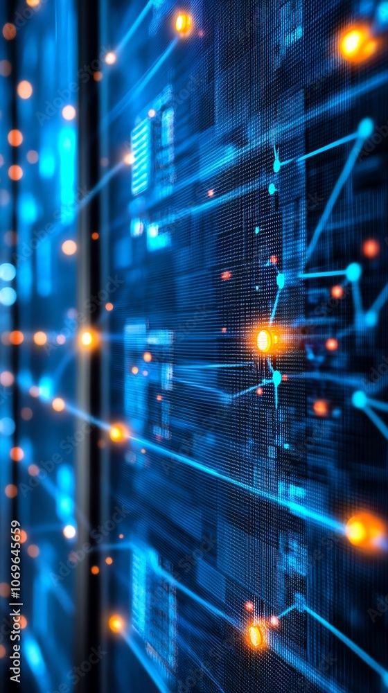 Poster Abstract image of a server rack with glowing blue and orange lights, representing data flow and connectivity.