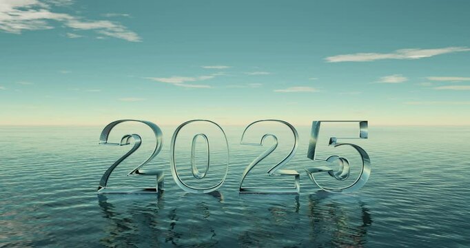Happy new year 2025 number on wave beach with timelapse clouds sunset sky abstract background. 3d render.