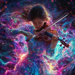 Fototapeta premium ** Enchanting Violinist Surrounded by Vibrant, Ethereal Colors Creating a Magical Musical Atmosphere..**