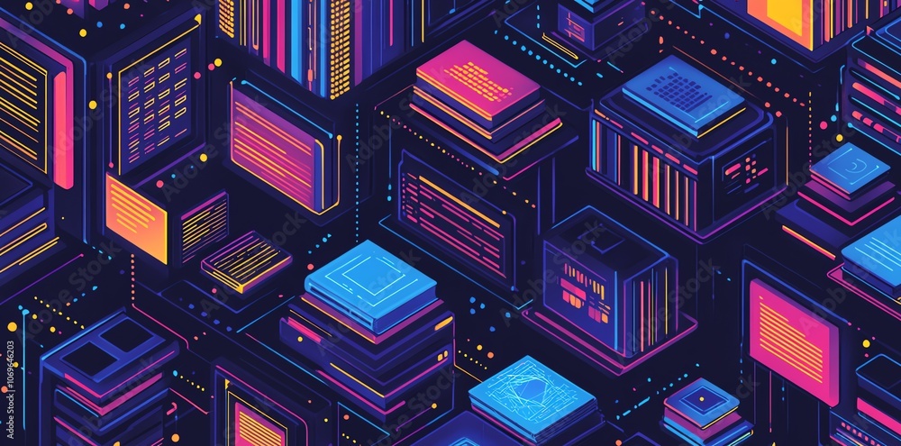 Aufkleber Abstract isometric illustration with colorful blocks and lines on a dark background.