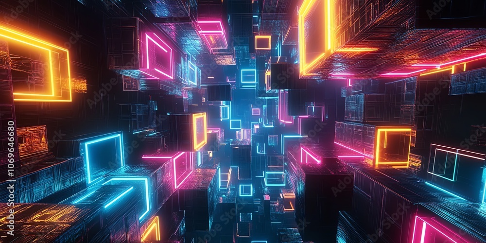 Poster Abstract neon lights illuminating a digital space with endless glowing squares.