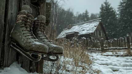 Snowy Winter Ice Skates Hanging on Fence Rustic Cabin Background