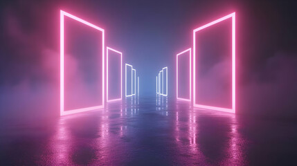 Neon Glowing Square Frames  3D Illustration