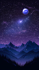 Fototapeta premium Magical Night Sky Wallpaper with Moon Stars Mountains and Galaxy in Serene Purple Landscape