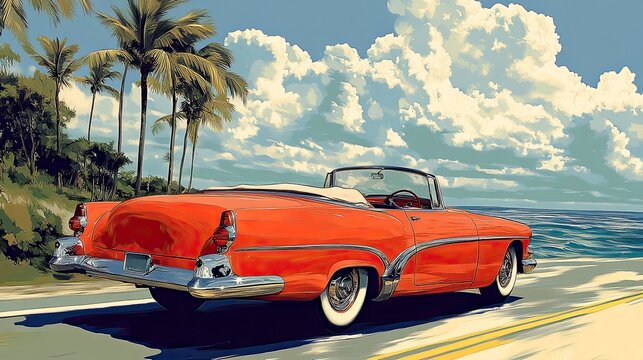 Retro clip art depicts a convertible enjoying a scenic cruising experience.