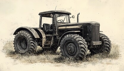 Retro vector sketch of a farm tractor, illustrating the essence of traditional agricultural machinery.