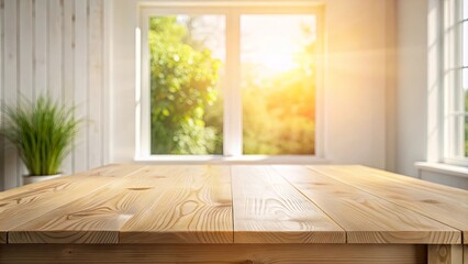 A rustic wooden tabletop with a view of a bright window and a blurred green landscape beyond
