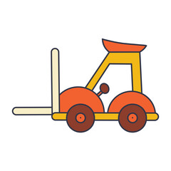illustration of a yellow and orange forklift with black outlines, featuring prominent lifting forks and a seat, representing industrial equipment