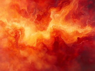 Fototapeta premium Abstract painting of swirling, fiery clouds in shades of red, orange, and yellow.