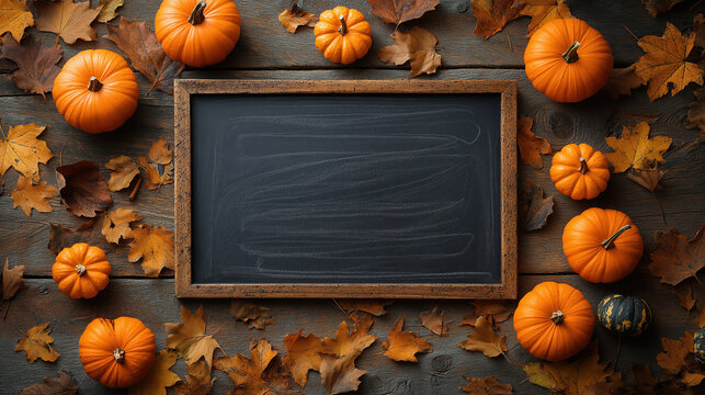 blank chalkboard surrounded by pumpkins and autumn leaves on an old wooden table, top view with copy space in the middle for text or design - Powered by Adobe