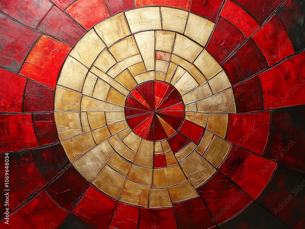 Aufkleber abstract red and gold mosaic design with a central circle.