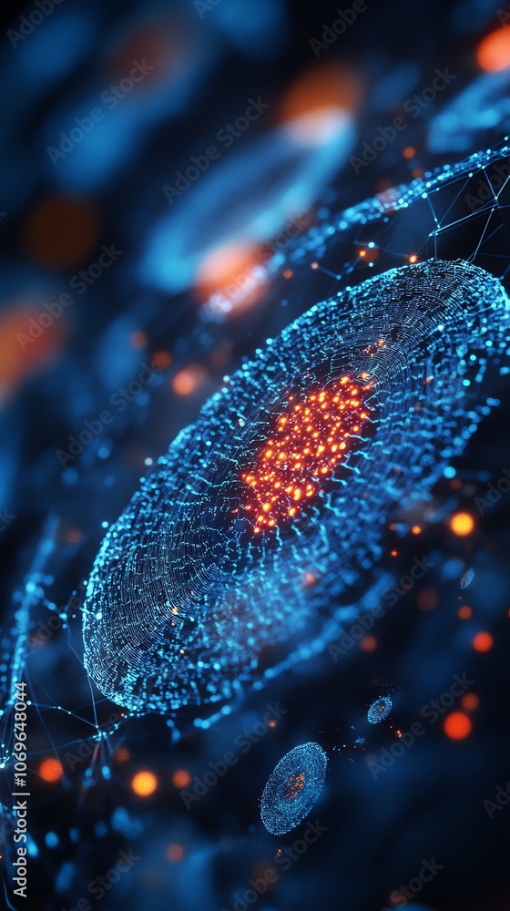 Poster Abstract representation of a cell with a nucleus and connected network in a dark blue background.