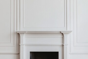 A white fireplace mantel against a white wall with decorative molding.