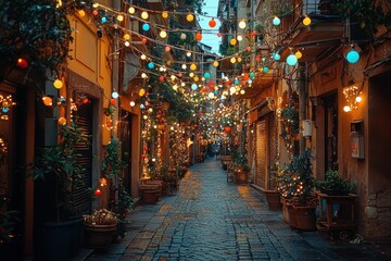 A cobblestone alleyway adorned with colorful string lights and potted plants.