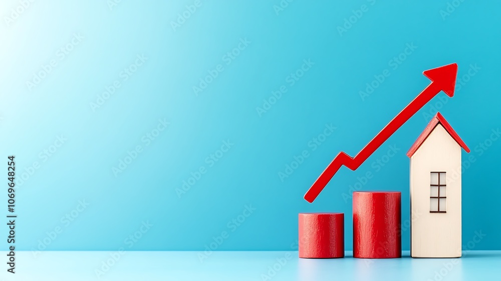 Poster a house is on top of a red and white block with a red arrow pointing upwards
