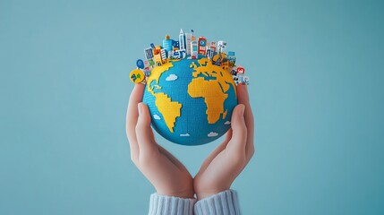A hand holding a globe with buildings on it