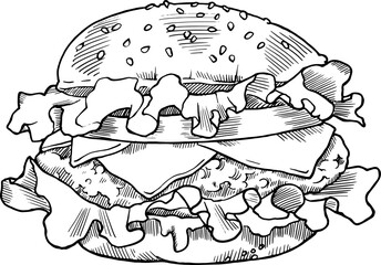 Monochrome illustration of a burger. Can be used for packages, menus, food blogs, social media posts, cookbooks, restaurant branding, or as a design element for a food-related app or website. Vector