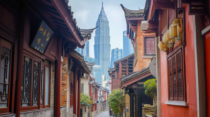 Fototapeta premium modern skyscrapers towering in the background, seen through narrow streets of old, historic buildings, a striking contrast between old and new architecture