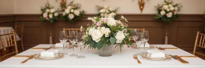 Obraz premium An elegant wedding table setting with floral centerpieces, fine china, and gold cutlery, gold, romantic