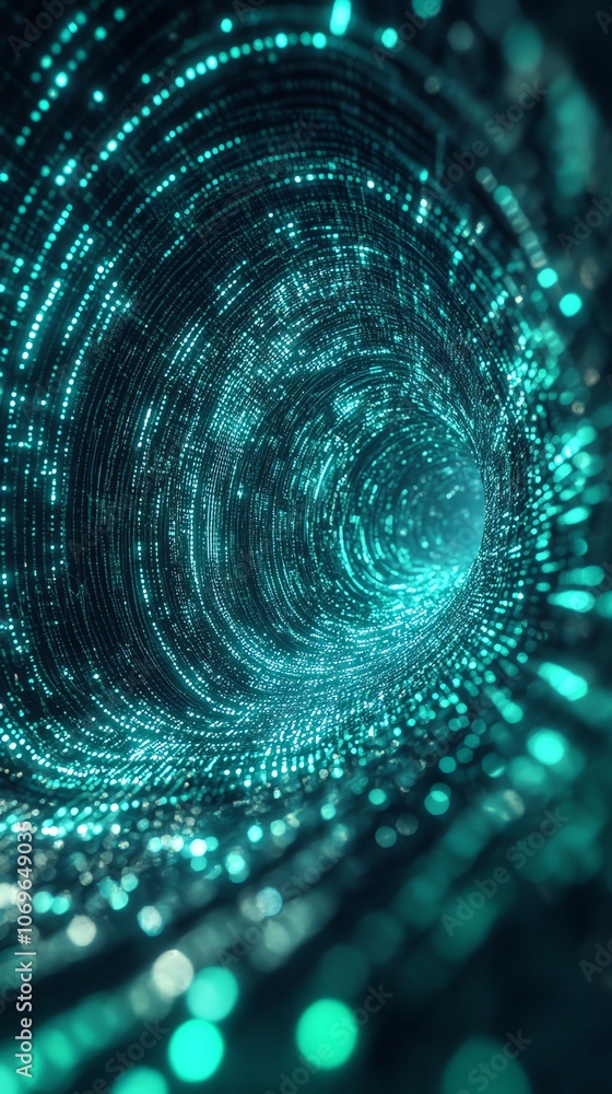 Poster abstract swirling tunnel of light with glowing blue and green particles.