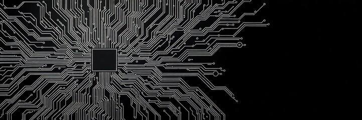 An intricate network of interconnected circuitry patterns resembling a computer motherboard against a dark background, business, computer