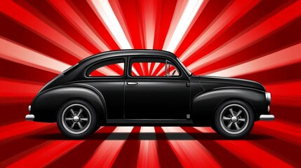 Naklejka premium Classic Black Car Retro Automobile Red Rays Background Vintage Speed Shiny Paint Cool Ride Hot Rod