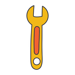 an illustration of a wrench with a yellow handle and an orange stripe, featuring a silver working end, representing a common tool for gripping and turning objects