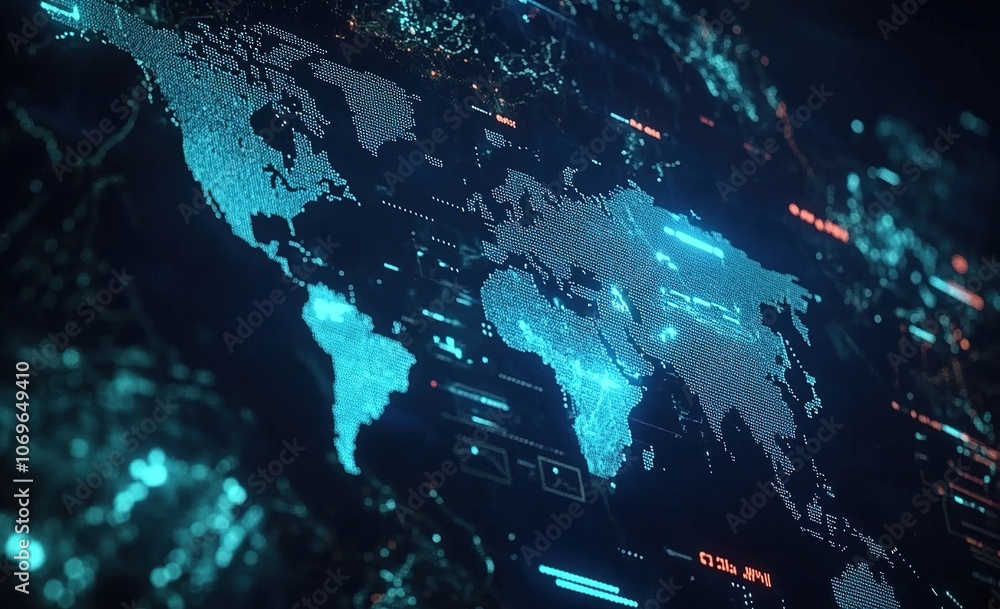 Poster a digital world map with glowing blue lines and dots, representing global connectivity and data flow