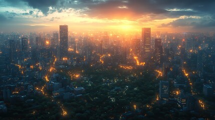 Fototapeta premium Smart city visualization with interconnected buildings, showcasing the concept of digital urban transformation.