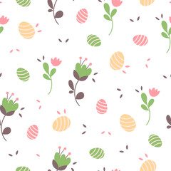 Seamless vector pattern for Easter. Seamless pattern of colorful silhouettes of rabbits, eggs and wild flowers.