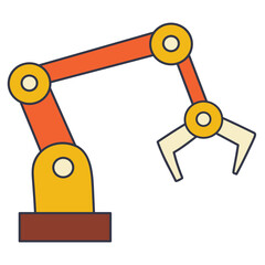 illustration of a robotic arm with a yellow base, orange segments, and a white gripper, representing automation and industrial technology