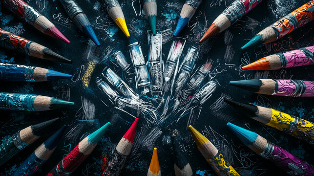 Vibrant pencils arranged in a circle on a dark textured background, creating an artistic splash effect
