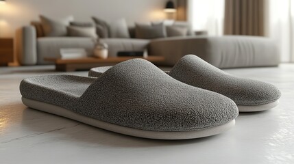 Soft gray home slippers are presented as a mockup design for hotel use, shown from a top-down perspective on a white background.