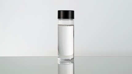 Clean modern water bottle with safety cap and half-filled with clear water on white background, symbolizing hydration and drinking safety, ample copy space for text overlay.
