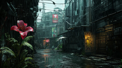 Moody Rainy Alley with Vibrant Flower A vivid pink flower contrasts against a rainy, dimly lit urban alley with neon signs and wet surfaces