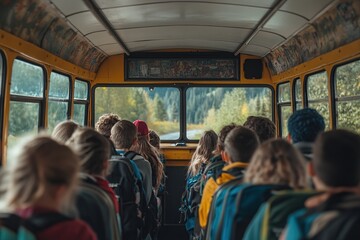 Fototapeta premium A group of people are riding in a yellow school bus, looking out the windows at a scenic landscape of trees and mountains.