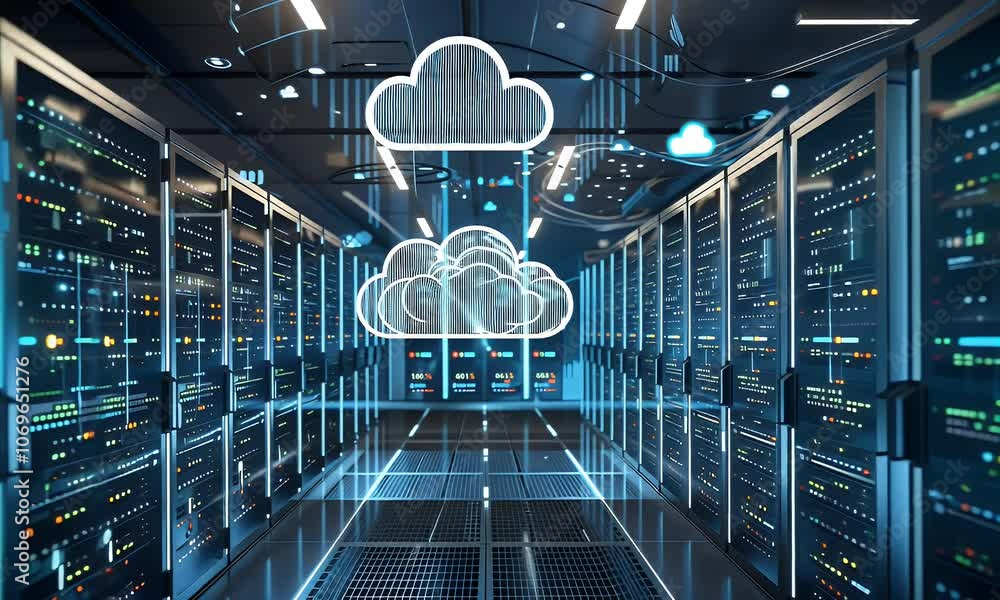 Poster a futuristic digital cloud symbol floating above rows of computer server cabinets in an data center,