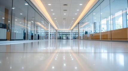 Fototapeta premium Modern Office Hallway with Glass Walls and Polished Floor