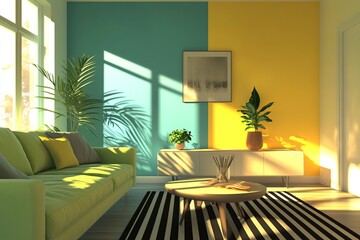 A modern living room with green sofa, yellow and blue walls, and plants.