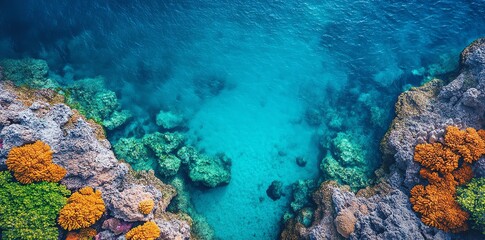 Obraz premium Aerial view of turquoise water with coral reef and rocks.